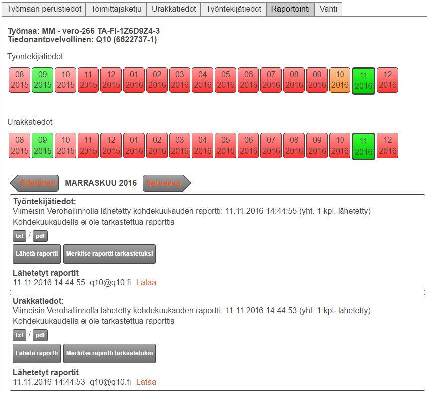 Punainen: Raporttia ei ole lähetetty. Oranssi: Yritys on itse tarkastanut ja merkinnyt raportin lähetysvalmiiksi. Tarkistettua raporttia ei ole lähetetty.