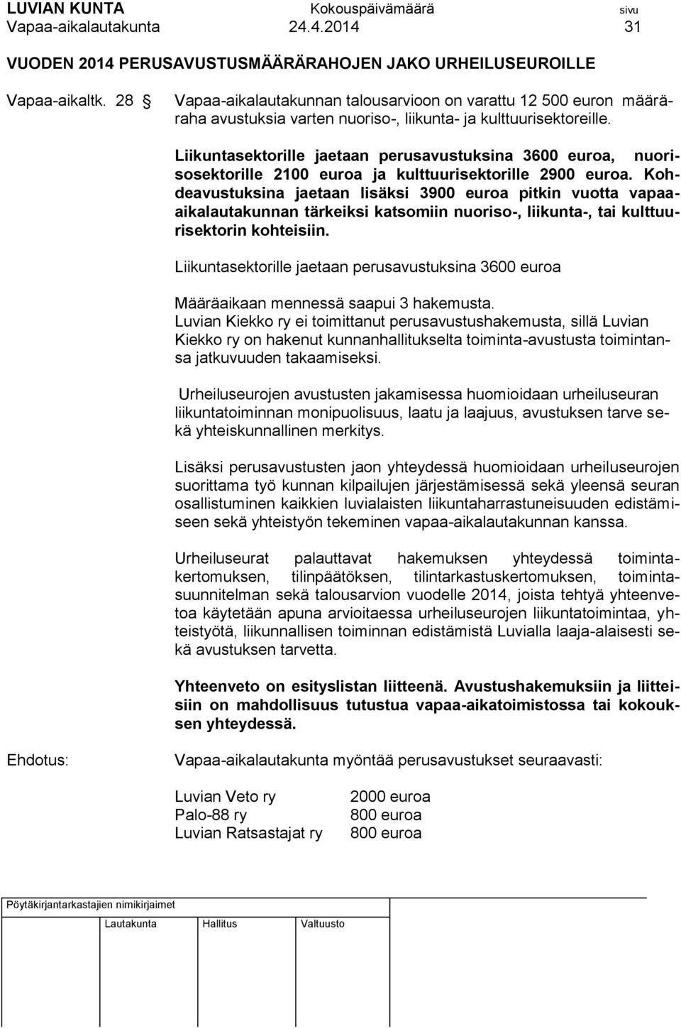 Liikuntasektorille jaetaan perusavustuksina 3600 euroa, nuorisosektorille 2100 euroa ja kulttuurisektorille 2900 euroa.