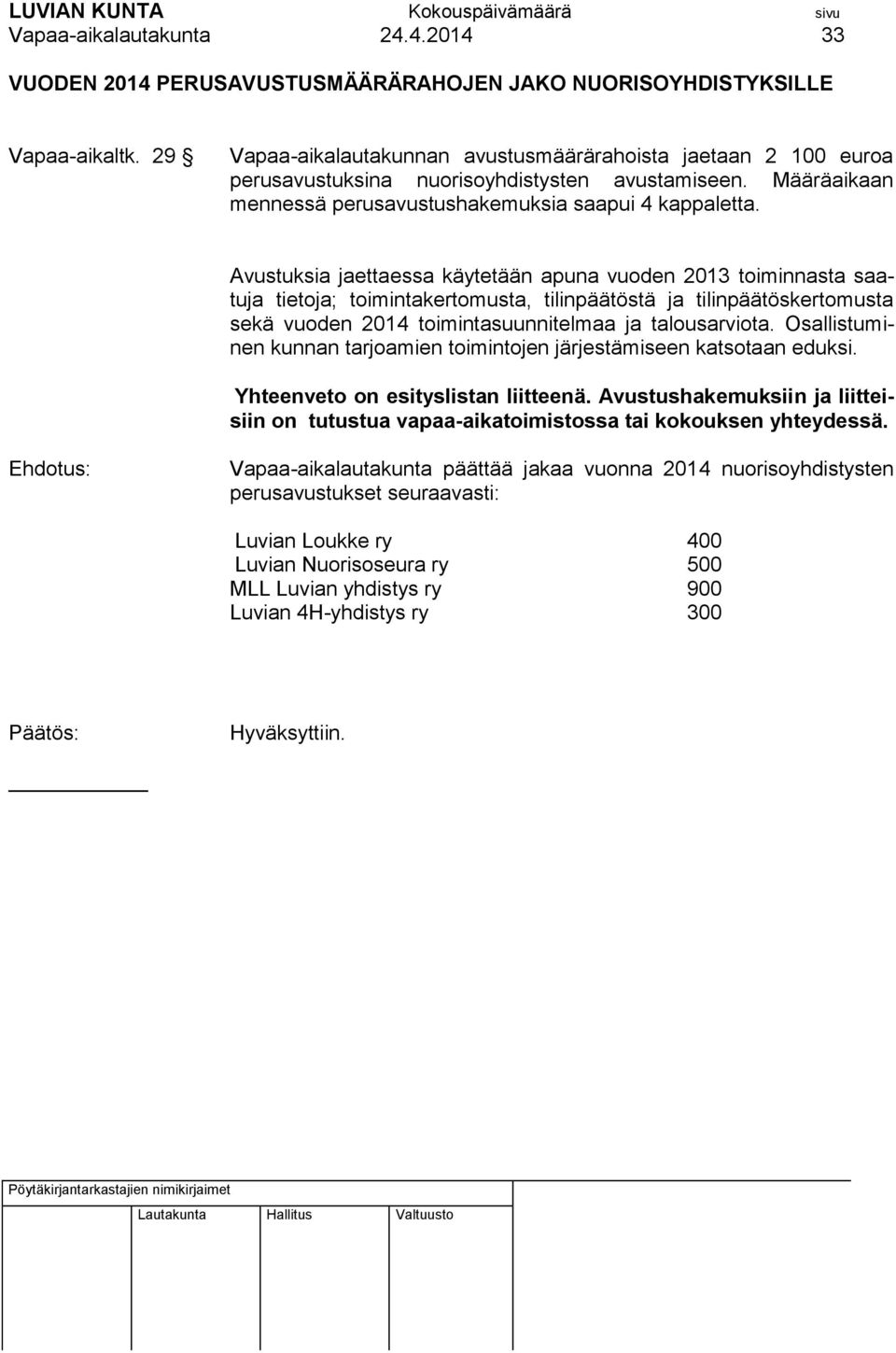 Avustuksia jaettaessa käytetään apuna vuoden 2013 toiminnasta saatuja tietoja; toimintakertomusta, tilinpäätöstä ja tilinpäätöskertomusta sekä vuoden 2014 toimintasuunnitelmaa ja talousarviota.