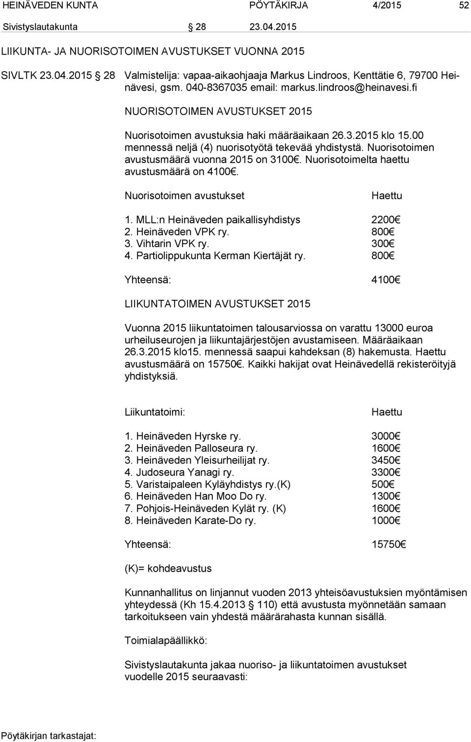 Nuorisotoimen avustusmäärä vuonna 2015 on 3100. Nuorisotoimelta haettu avustusmäärä on 4100. Nuorisotoimen avustukset Haettu 1. MLL:n Heinäveden paikallisyhdistys 2200 2. Heinäveden VPK ry. 800 3.