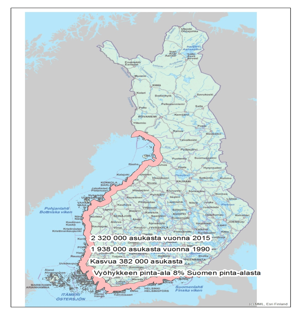 KESKI-POHJANMAA JA RANNIKKO-SUOMI Rannikko-Suomen 20 kilometrin vyöhykkeen maapintaala on 8 % koko maan maapinta-alasta vuonna 2015 Rannikkokaistaleen sisällä asui yhteensä 42,3 % koko maan