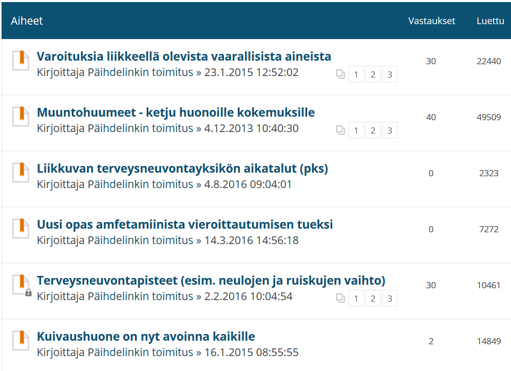 Vertaistuki, osallisuus ja keskustelu Case: Päihdelinkki käyttäjiä yli 20 000, viestiketjuja 27 000 ja viestejä n. 790 000.