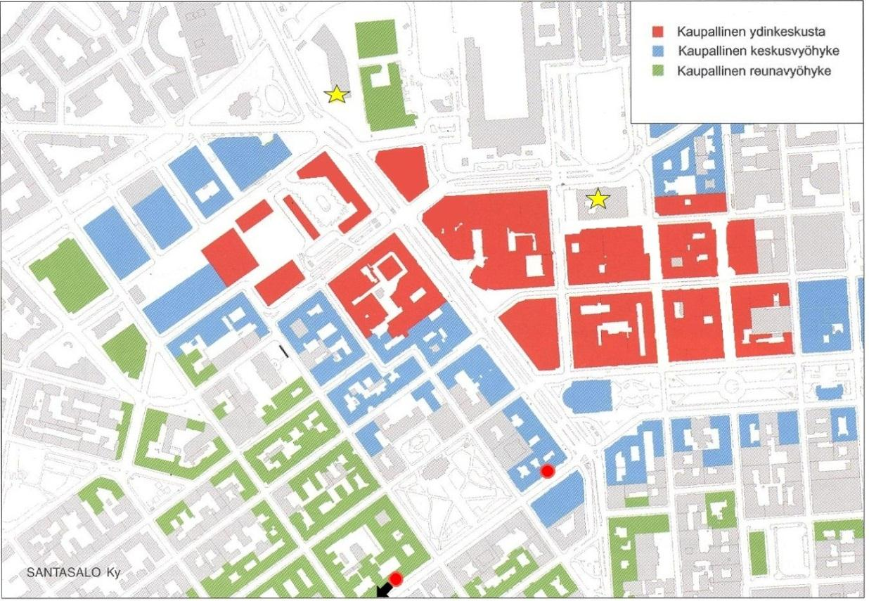 Santasalo ja Heusala ovat Helsingin kaupunginkanslian julkaisemassa tutkimuksessa määritelleet Helsingin ydinkeskustan jakautuvan kolmeen osaan: kaupalliseen ydinkeskustaan, kaupalliseen