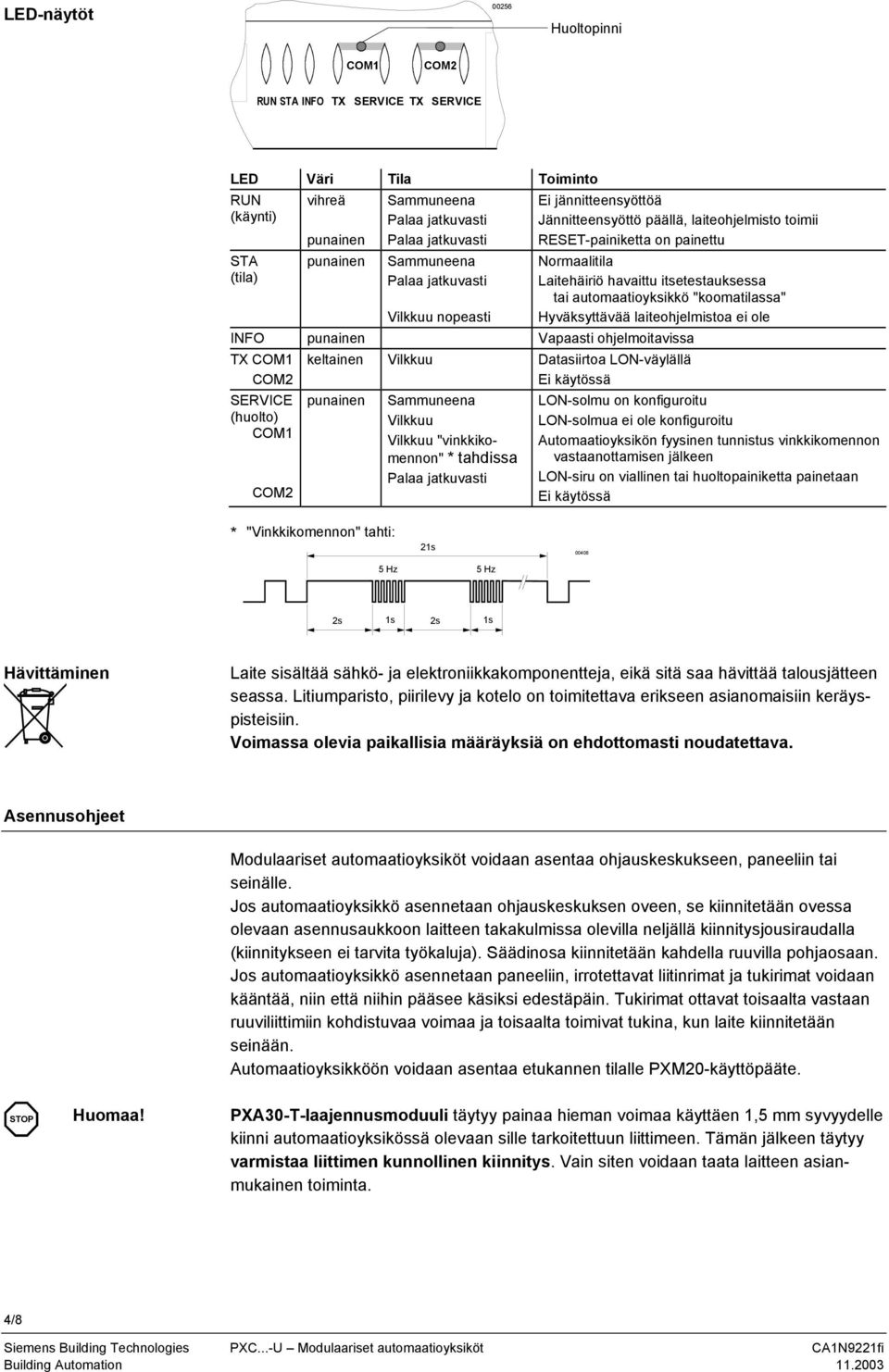 "koomatilassa" Hyväksyttävää laiteohjelmistoa ei ole Vilkkuu nopeasti INFO punainen Vapaasti ohjelmoitavissa TX COM1 COM2 SERVICE (huolto) COM1 COM2 keltainen Vilkkuu Datasiirtoa LON-väylällä Ei