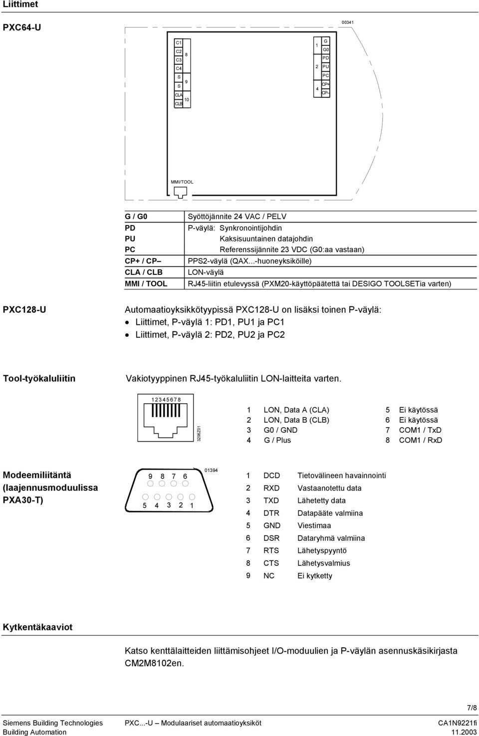 ..-huoneyksiköille) LON-väylä RJ45-liitin etulevyssä (PXM20-käyttöpäätettä tai DESIGO TOOLSETia varten) PXC128-U Automaatioyksikkötyypissä PXC128-U on lisäksi toinen P-väylä: Liittimet, P-väylä 1: