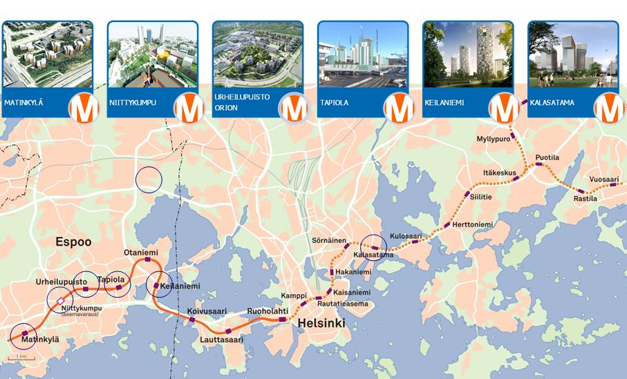 SRV:n pääkaupunkiseudun asuntohankekehitys tukeutuu raideliikenteen hyödyntämiseen Kalasataman tornitalot - 6 kpl 2-33 krs asuintaloja metroaseman yhteyteen. Rak.oik. n. 9.