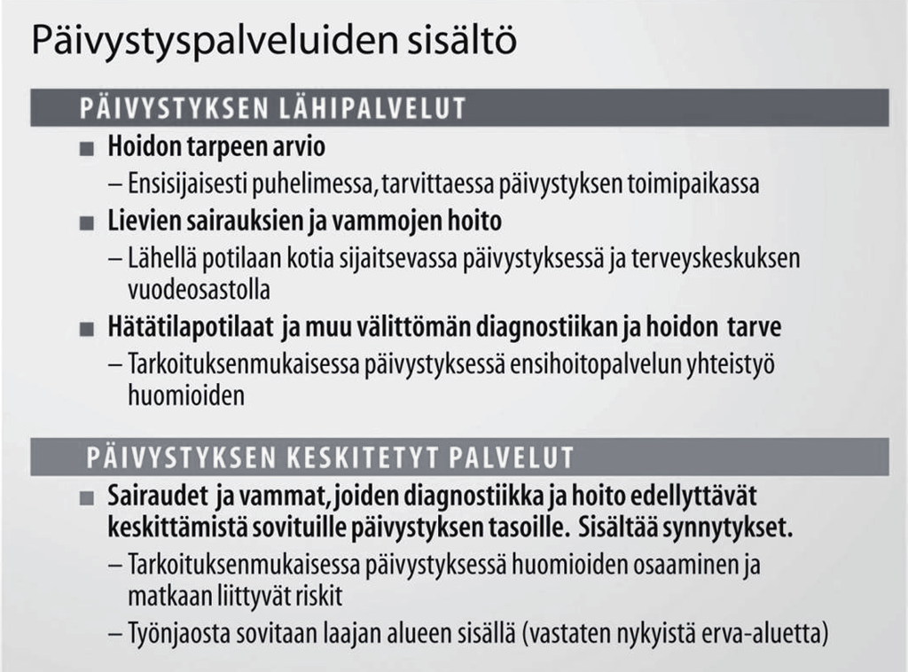 6. - Lähellä potilaan kotia sijaitsevassa päivystyksessä ja terveyskeskuksen vuodeosastolla - Määrällisesti suurin lähipalveluiden sisältö - Hätätilapotilaat ja muu välittömän diagnostiikan ja hoidon