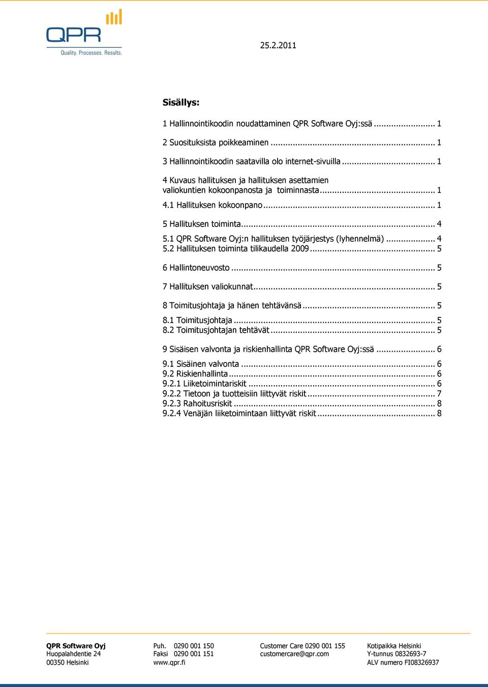 1 QPR Software Oyj:n hallituksen työjärjestys (lyhennelmä)... 4 5.2 Hallituksen toiminta tilikaudella 2009... 5 6 Hallintoneuvosto... 5 7 Hallituksen valiokunnat.