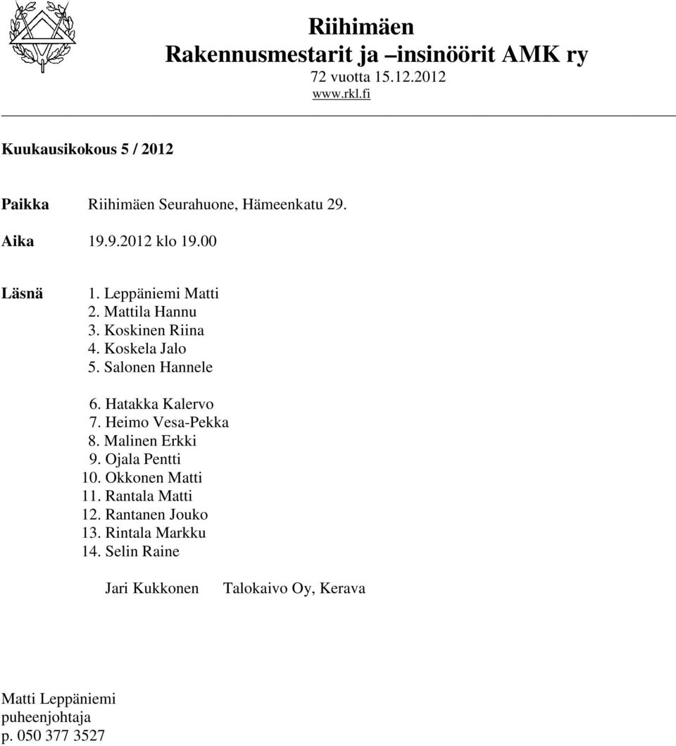 Mattila Hannu 3. Koskinen Riina 4. Koskela Jalo 5. Salonen Hannele 6. Hatakka Kalervo 7. Heimo Vesa-Pekka 8. Malinen Erkki 9.