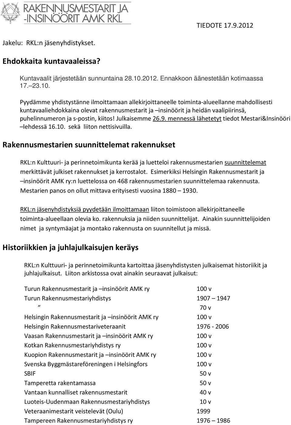 Pyydämme yhdistystänne ilmoittamaan allekirjoittaneelle toiminta-alueellanne mahdollisesti kuntavaaliehdokkaina olevat rakennusmestarit ja insinöörit ja heidän vaalipiirinsä, puhelinnumeron ja