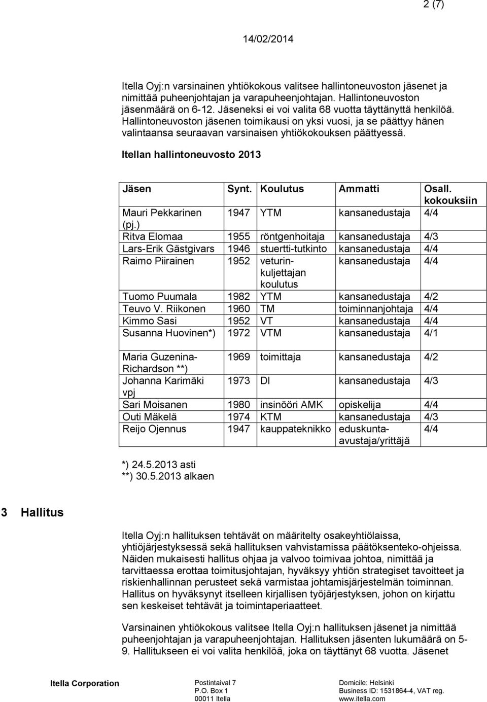 Itellan hallintoneuvosto 2013 Jäsen Synt. Koulutus Ammatti Osall. kokouksiin Mauri Pekkarinen 1947 YTM kansanedustaja 4/4 (pj.