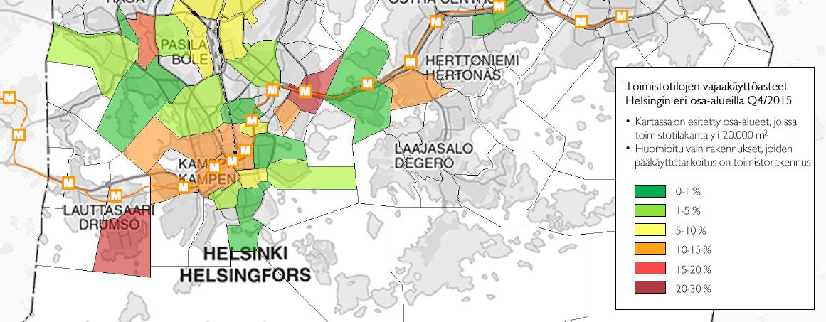 selvitykset - Catella: Toimistotilojen vajaakäyttö VAJAAKÄYTTÖASTE keskimäärin 10,8%, kantakaupungissa 8,4 % Periaatteiden rajatulla alueella 8,3% Vertailu: