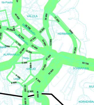 3 Vaikutukset liikenne- ja matkamääriin Syksyn 2005 ja vuoden 2025 liikenne-ennusteen mukaiset arkivuorokauden liikennemäärät alueen pääkaduilla ovat: Katu vs liikennemäärä Itäväylä Sörnäisten