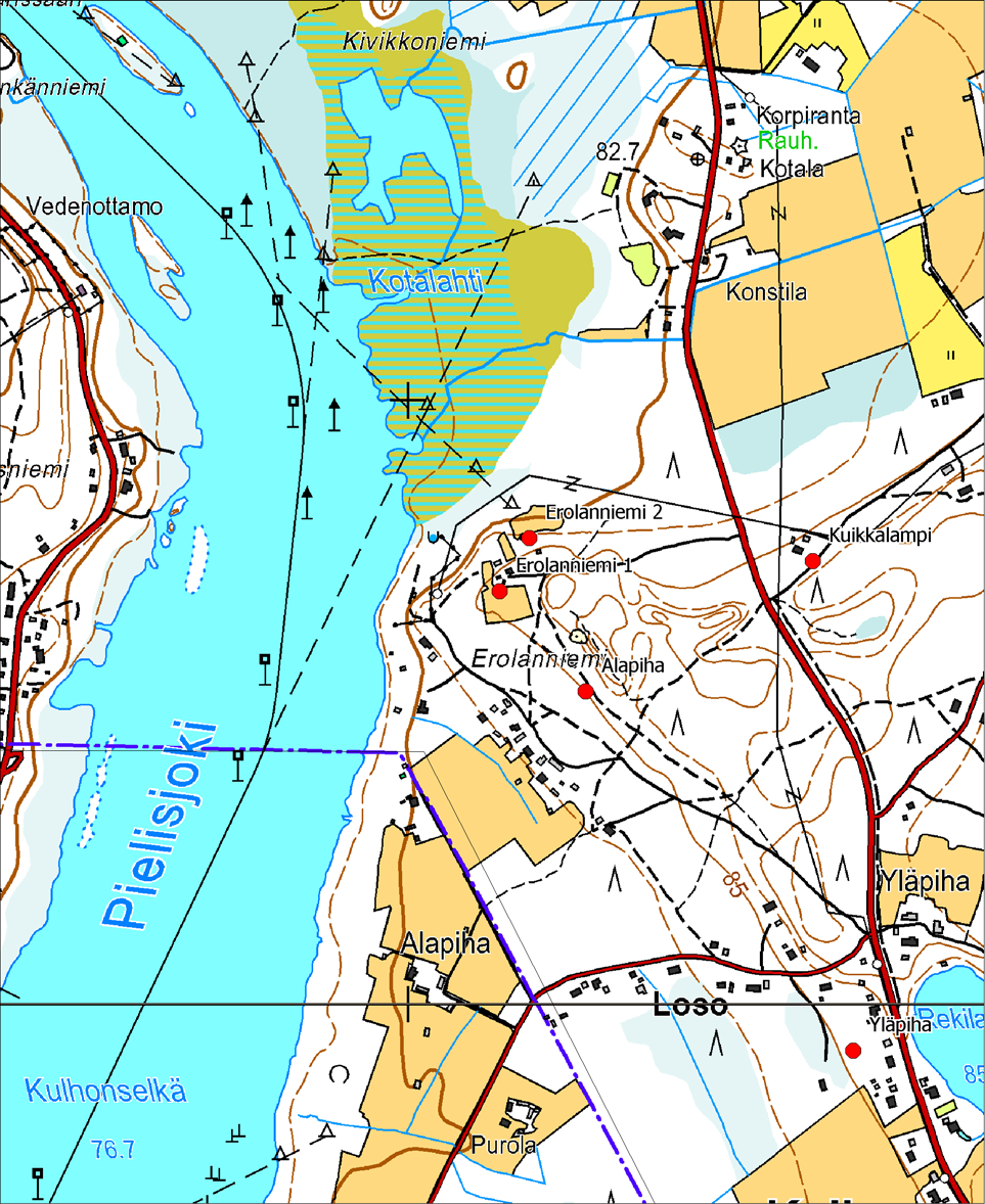 Karttaote 422 12 UTRA mk 1:10 000 Tutkimusalue sijaitsee Pielisjoen itäpuolella kohteiden 1 ja 2 välissä.
