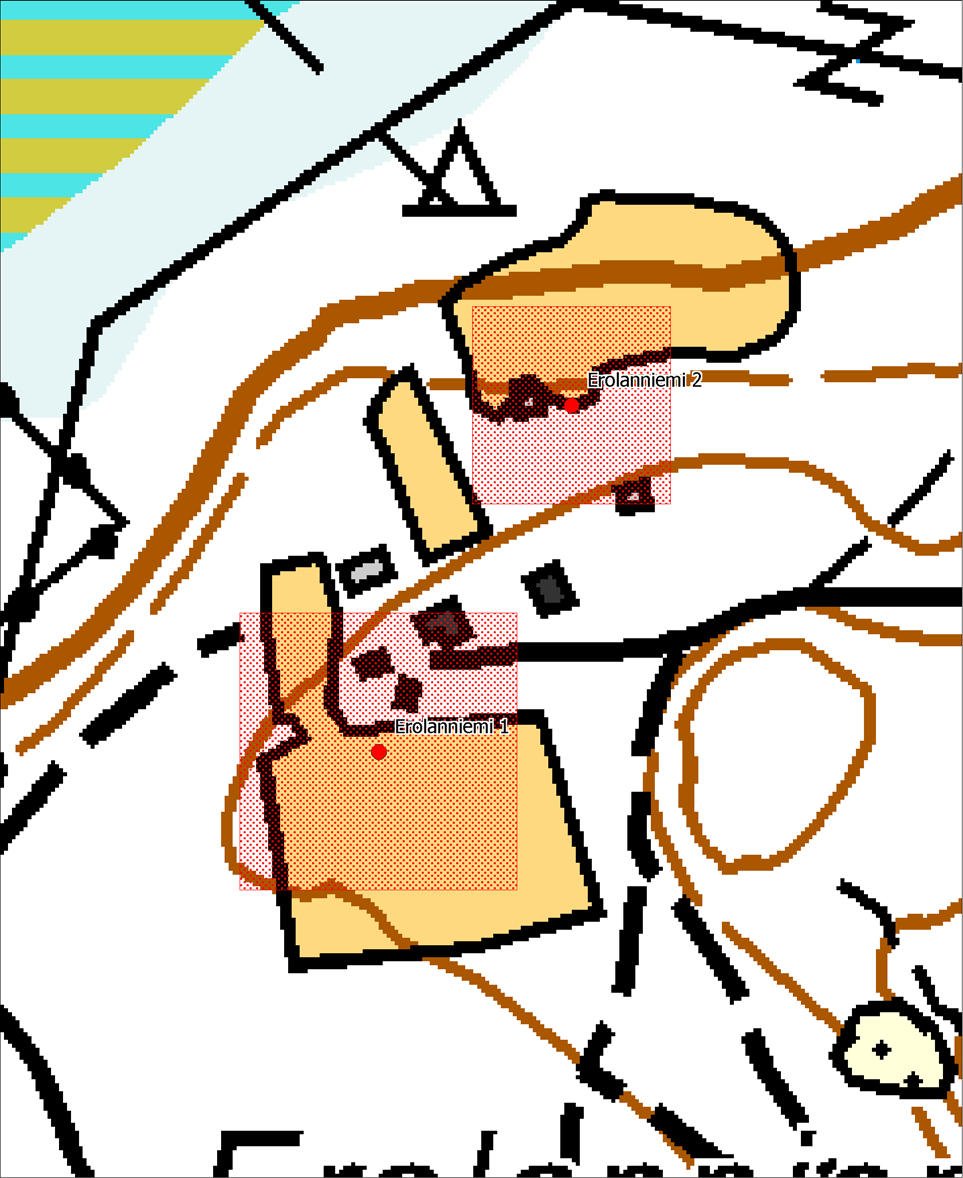9 Vuoden 200 inventoinnissa määriteltyjen kohteiden 1 ja 2 laajuus (Forsberg 200) Mk 1:1500. Pohjakartta (c) Maanmittauslaitos 2008, aineiston kopiointi ilman Maanmittauslaitoksen lupaa on kielletty.