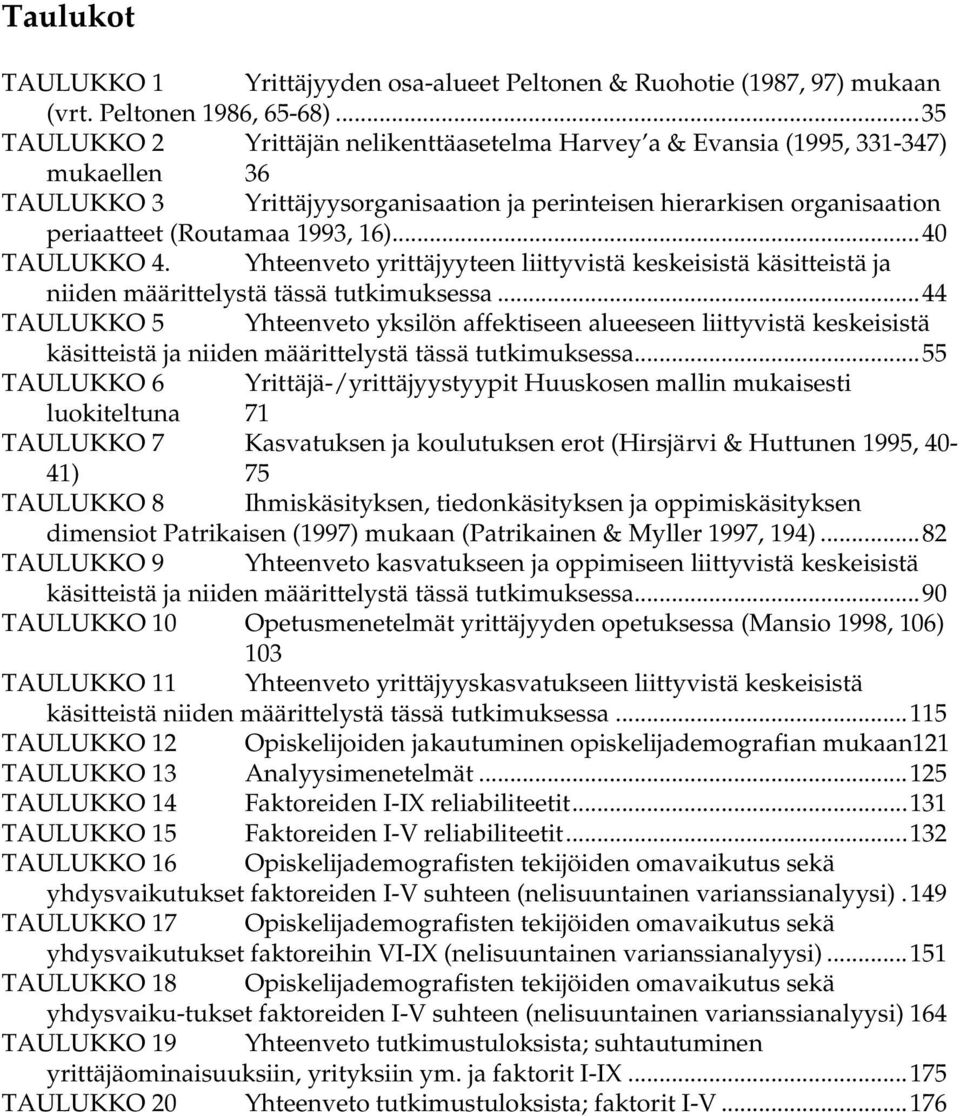 ..40 TAULUKKO 4. Yhteenveto yrittäjyyteen liittyvistä keskeisistä käsitteistä ja niiden määrittelystä tässä tutkimuksessa.