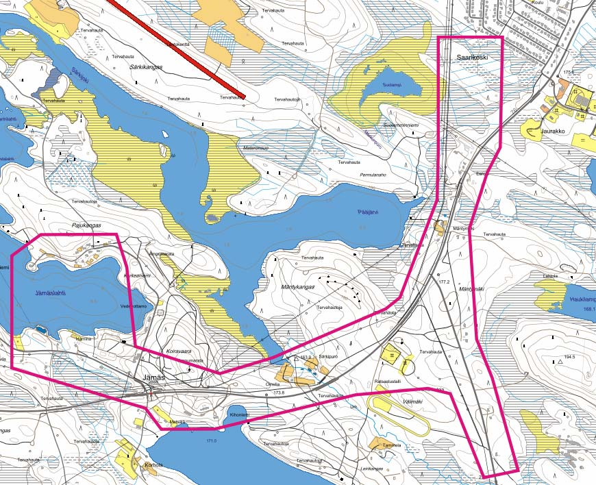 26 4 SUUNNITTELUN PERUSLÄHTÖKOHDAT 4.1 Jämäksen vesihuollon nykytila Jämäksen kylä sijaitsee Kuhmon kaupungin lounaispuolella Sotkamontien (tie 76) varrella noin 5,5 km:n päässä keskustasta.