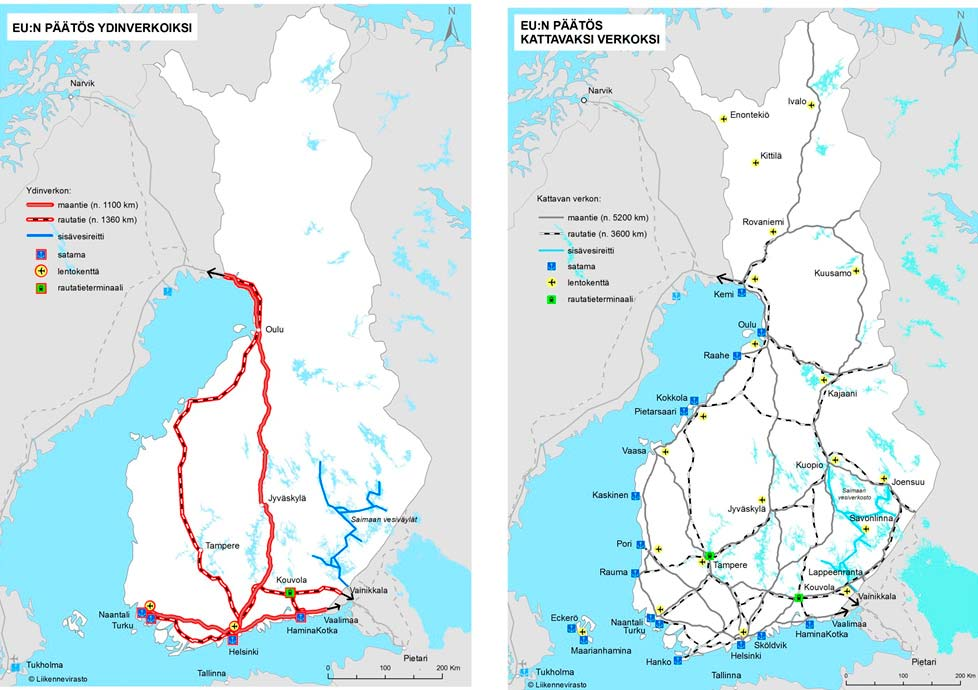 8 Kuva 3. Ten-T ydinverkko ja kattava verkko Suomessa (www.liikennevirasto.fi).