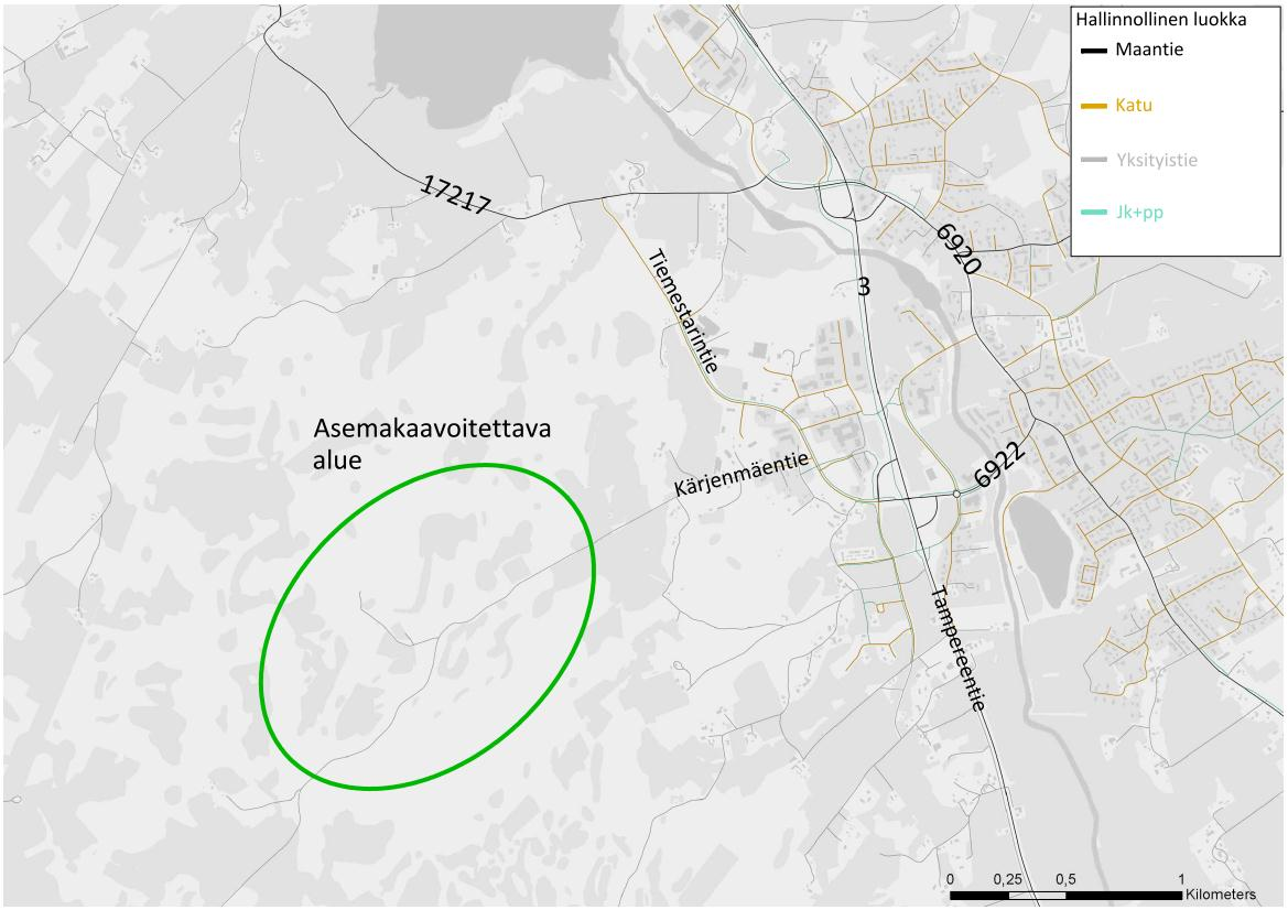 LIIKENNESELVITYS 2 Asemakaavoitettava alue sijaitsee Kärjenmäentien varressa noin 2 kilometriä valtatie 3:lta länteen. Kärjenmäentie yhdistyy Tiemestarintien kautta valtatie 3:n eritasoliittymään.