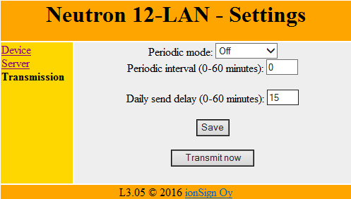 Transmission/Lähetysasetukset sisältävät seuraavat tiedot: Periodic mode interval asetuksella määritetään laite lähettämään tietyn hetken pulssitiedot asetuksissa määritetylle palvelimelle määrätyin