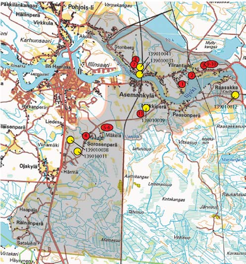 Valtatien 4 ohikulkutie Iin kohdalla Aluevaraussuunnitelma LIITTEET Yleiskartta Iin keskustaajaman osayleiskaavan laajennusalueen muinaisjäännöksistä 1:60 000 Keltaisella merkityt