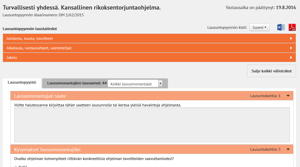 Lausuntopyyntöjen ja lausuntojen