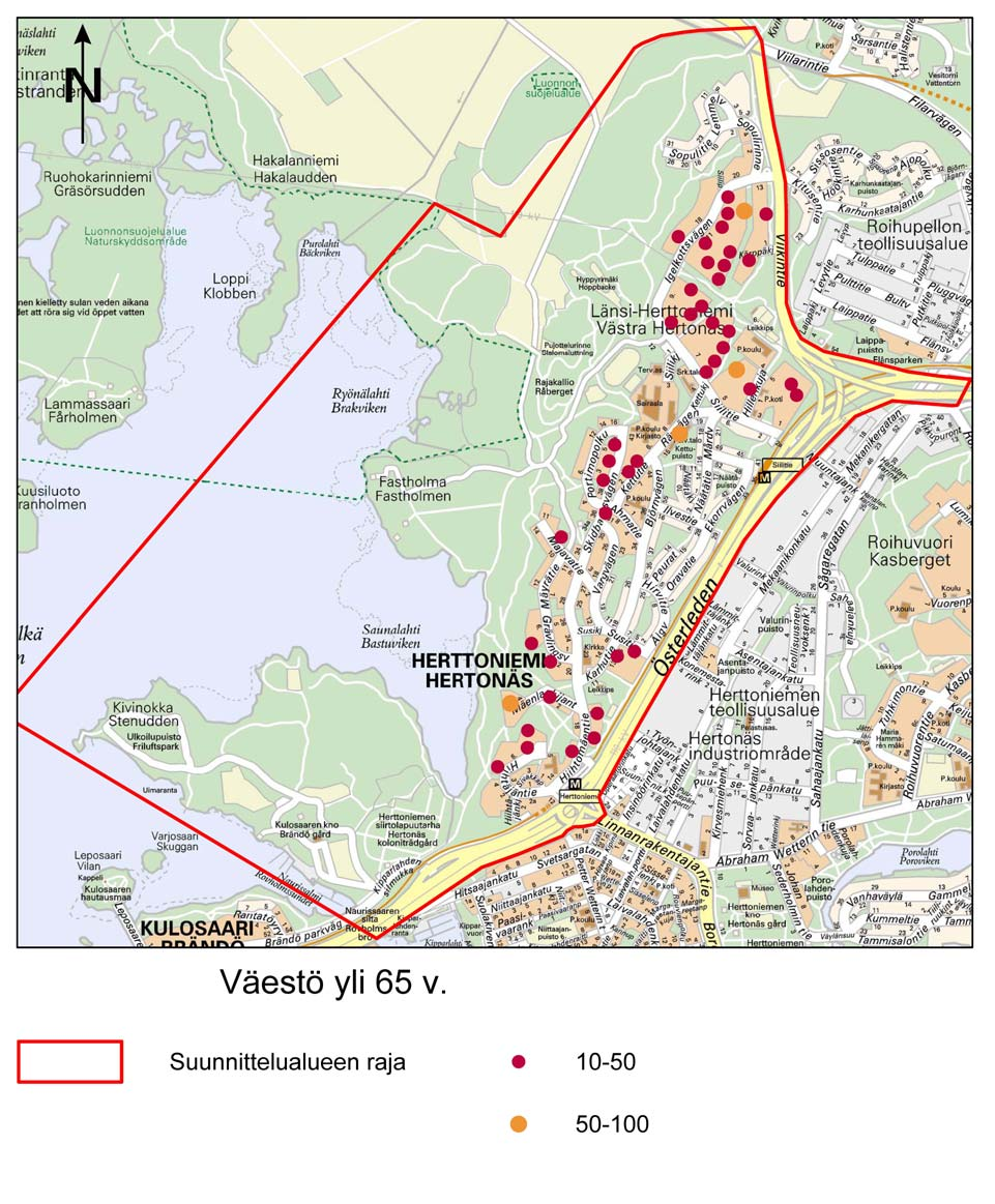 Kuva 3. Yli 65-vuotiaiden asukkaiden sijoittuminen Herttoniemen alueella.