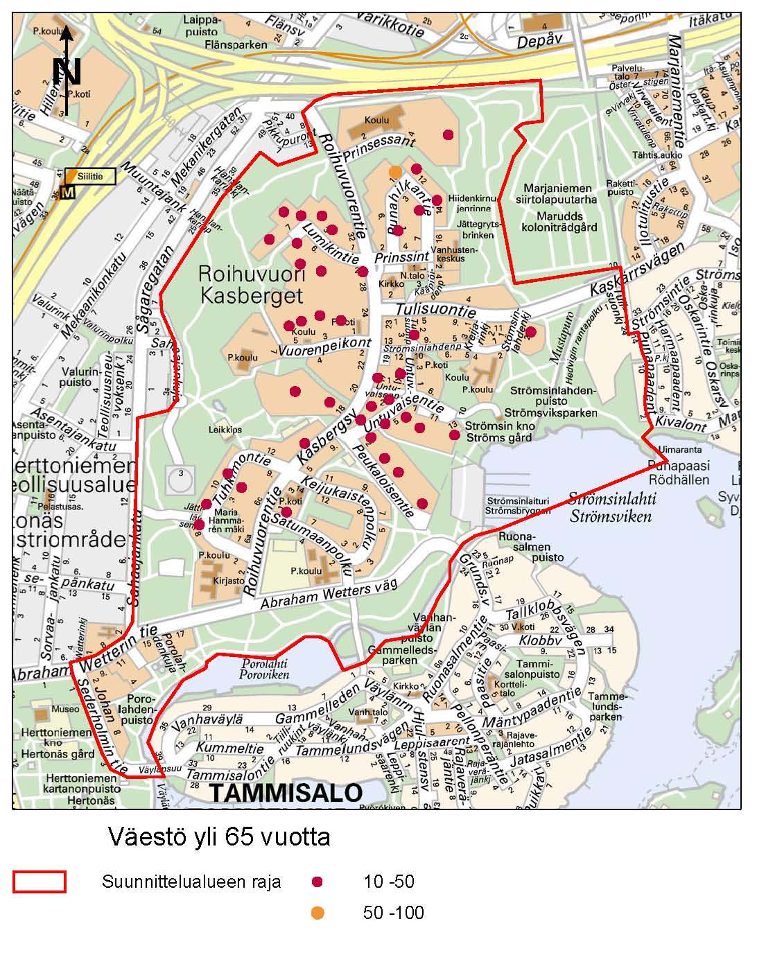 Kuva 4. Yli 65-vuotiaiden asukkaiden sijoittuminen Roihuvuoren alueella.