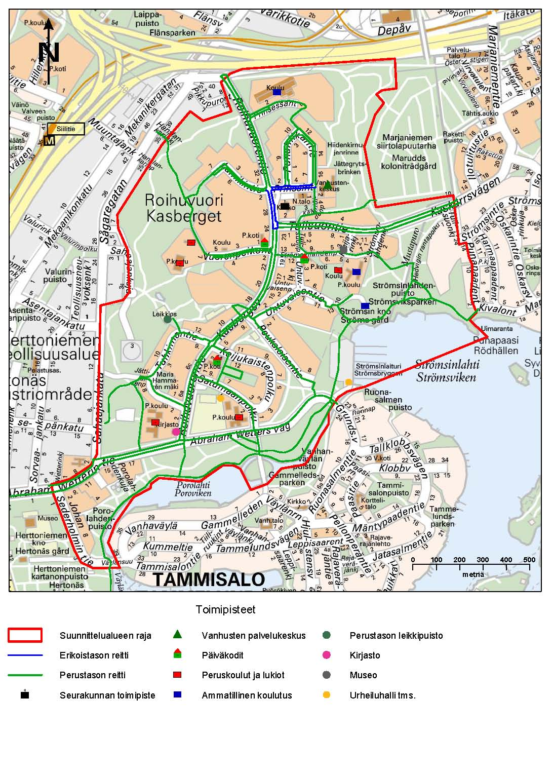 Kuva 7. Roihuvuoren kartoitetut erikois- ja perustason reitit sekä keskeisimmät toimipisteet.