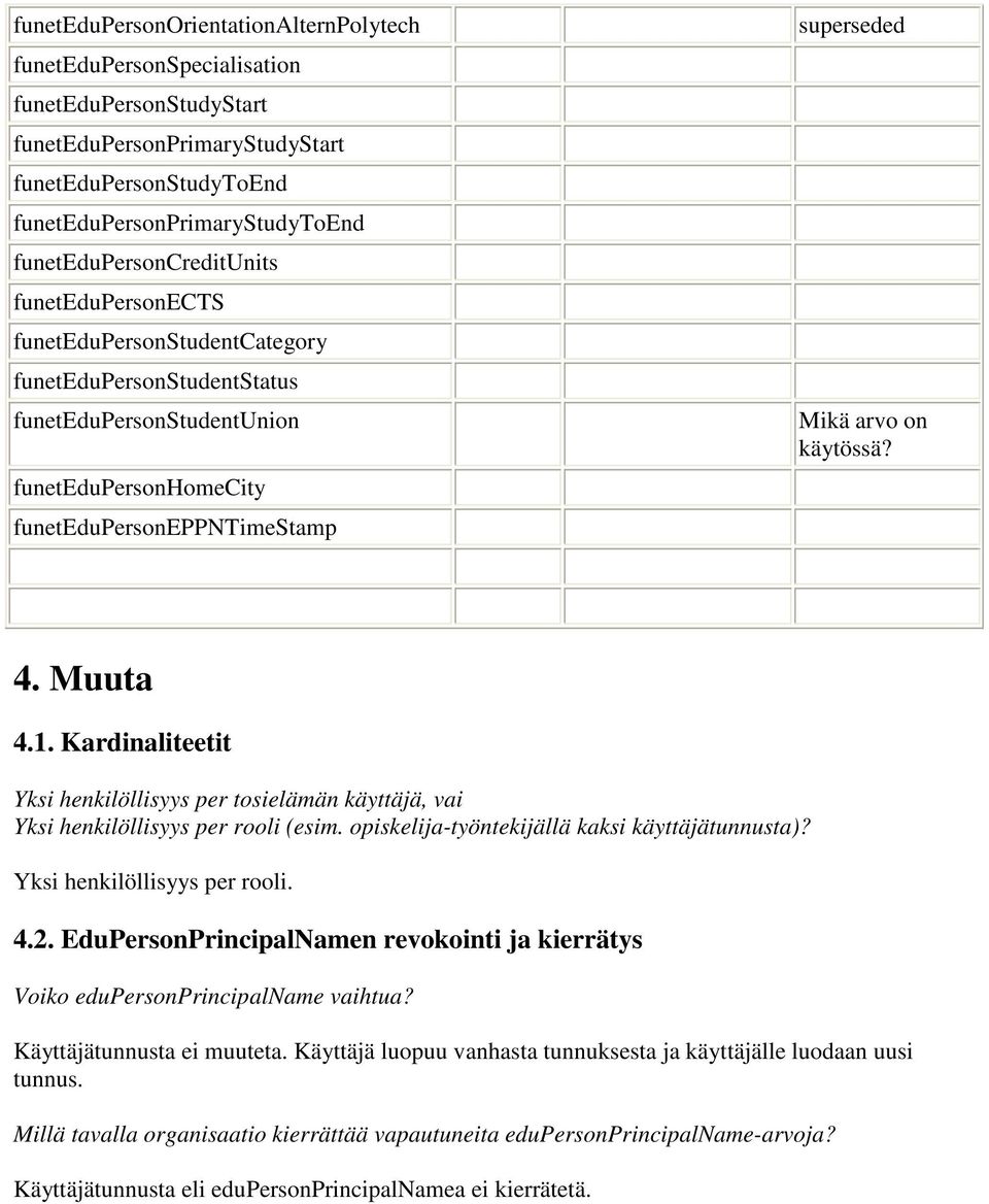 käytössä? 4. Muuta 4.1. Kardinaliteetit Yksi henkilöllisyys per tosielämän käyttäjä, vai Yksi henkilöllisyys per rooli (esim. opiskelija-työntekijällä kaksi käyttäjätunnusta)?