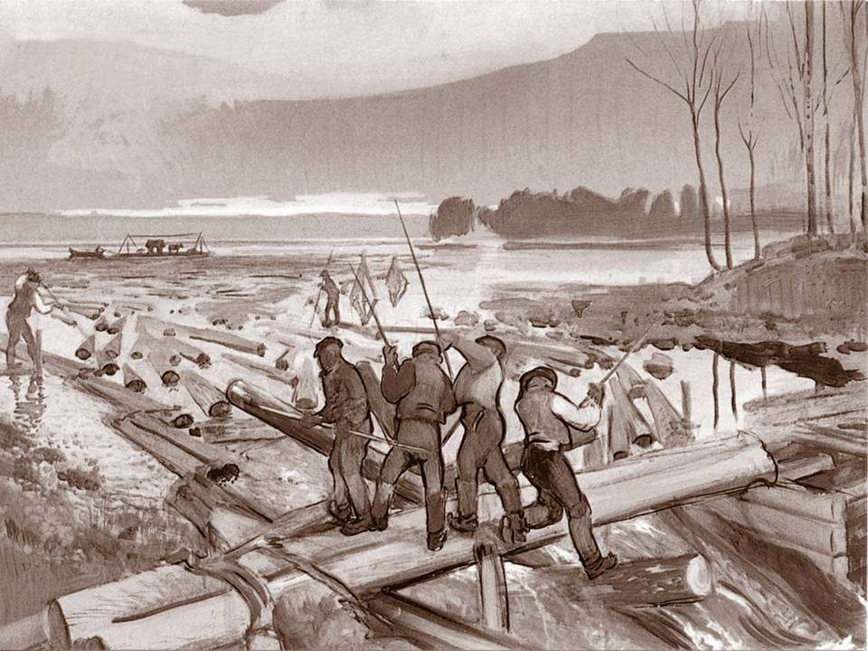 Lennart Segerstråhlen (1892-1975) öljyvärityö Puiden lauttakuljetus kuvaa vahvasti irtouittoa