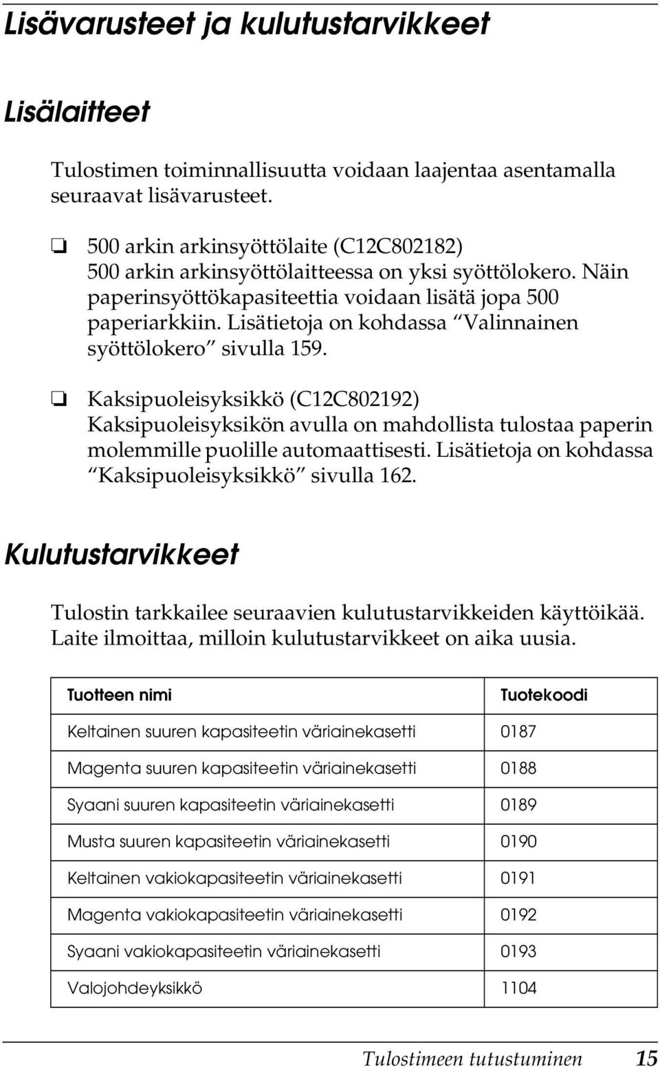 Lisätietoja on kohdassa Valinnainen syöttölokero sivulla 159. Kaksipuoleisyksikkö (C12C02192) Kaksipuoleisyksikön avulla on mahdollista tulostaa paperin molemmille puolille automaattisesti.