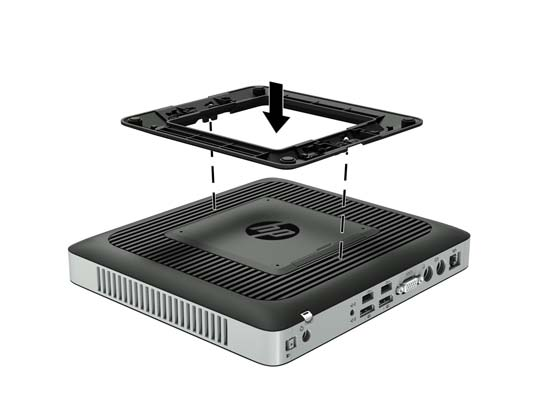 b. Aseta jalusta thin client -tietokoneen pohjan päälle ja kohdista jalustan pidätinruuvit thin client -tietokoneen ruuvinreikien kanssa. c. Kiristä pidätinruuvit kunnolla.