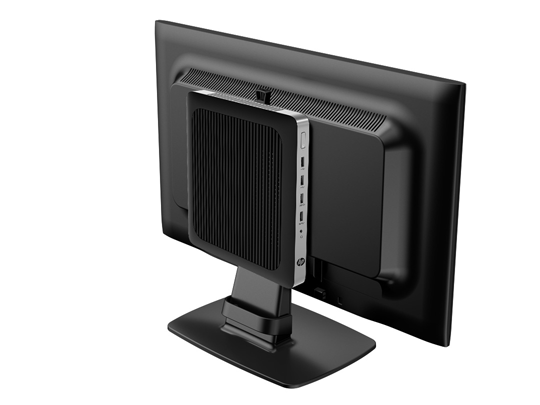 3. Liu'uta thin client -tietokoneeseen (1) liitetyn kiinnityslaitteen sivu kiinnityslaitteen (2) toisen sivun yli laitteessa, johon haluat kiinnittää thin client -tietokoneen.