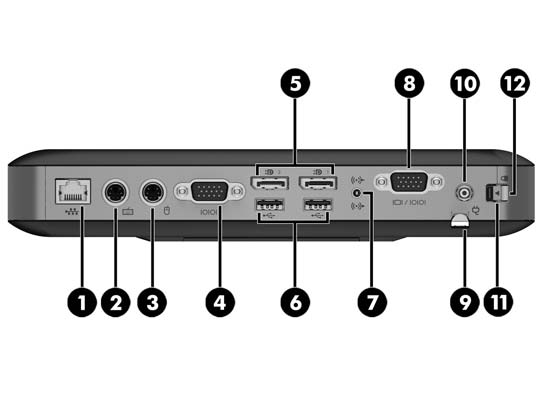 Takapaneelin osat Lisätietoja saat hakemalla thin client -tietokonettasi koskevat QuickSpecs-tiedot verkko-osoitteessa http://www.hp.com/go/quickspecs/.