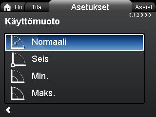 12. "Asetukset"-valikko 12.2 Käyttömuoto 3.1.0.0.0.0 Asetukset 3.1.2.0.0.0 Käyttömuoto Suomi (FI) Navigointi Home > Asetukset Paina ja siirry "Asetukset"-valikkoon painamalla.