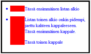 Entä jos määritetään listan vasempaan reunaan leveä reunus? li { color: blue; border-left: 3em solid red; } Mikä on tulos?