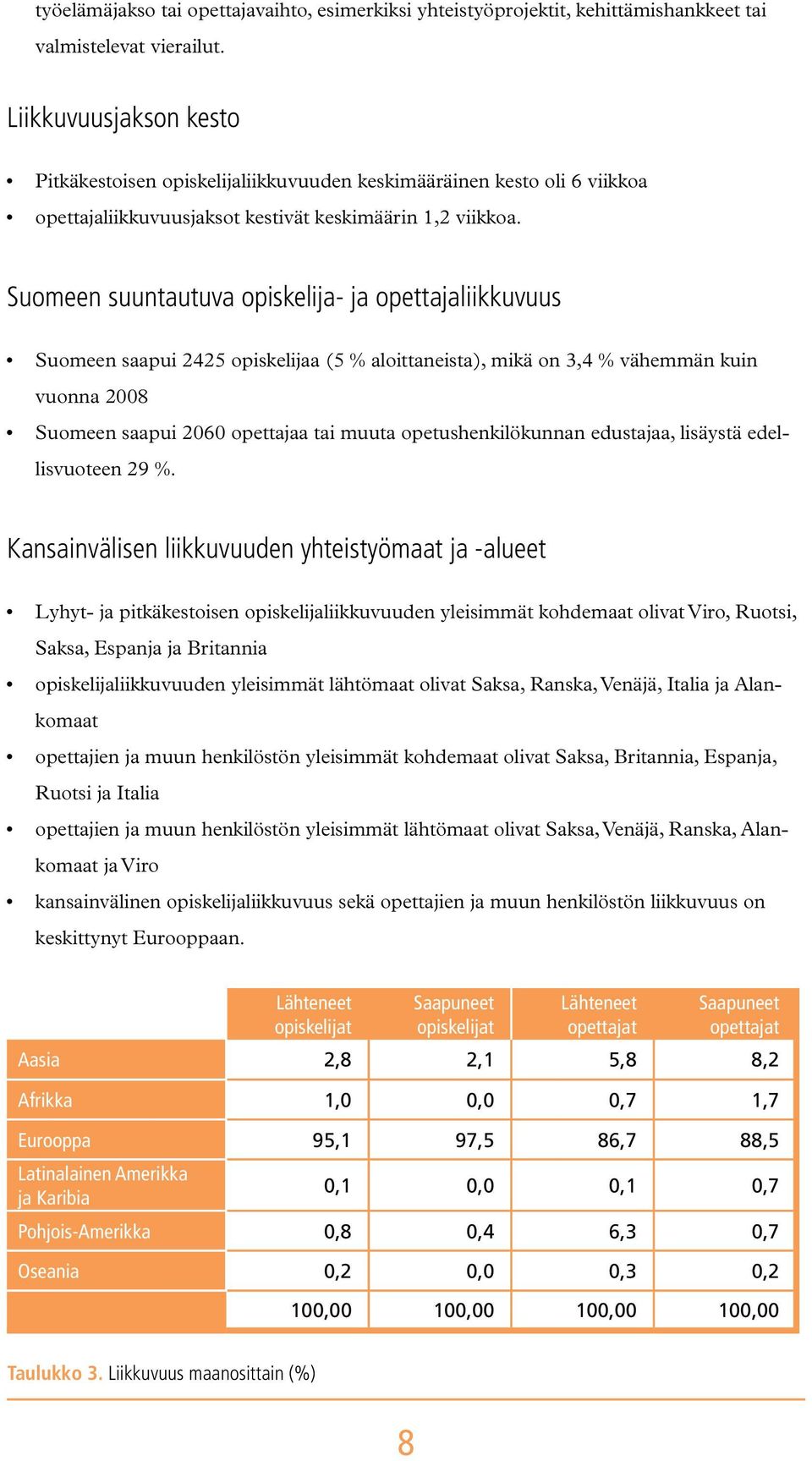 Suomeen suuntautuva opiskelija- ja opettajaliikkuvuus Suomeen saapui 2425 opiskelijaa (5 % aloittaneista), mikä on 3,4 % vähemmän kuin vuonna 2008 Suomeen saapui 2060 opettajaa tai muuta