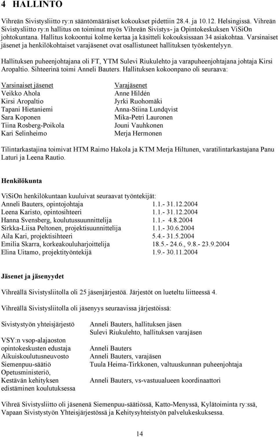 Varsinaiset jäsenet ja henkilökohtaiset varajäsenet ovat osallistuneet hallituksen työskentelyyn.