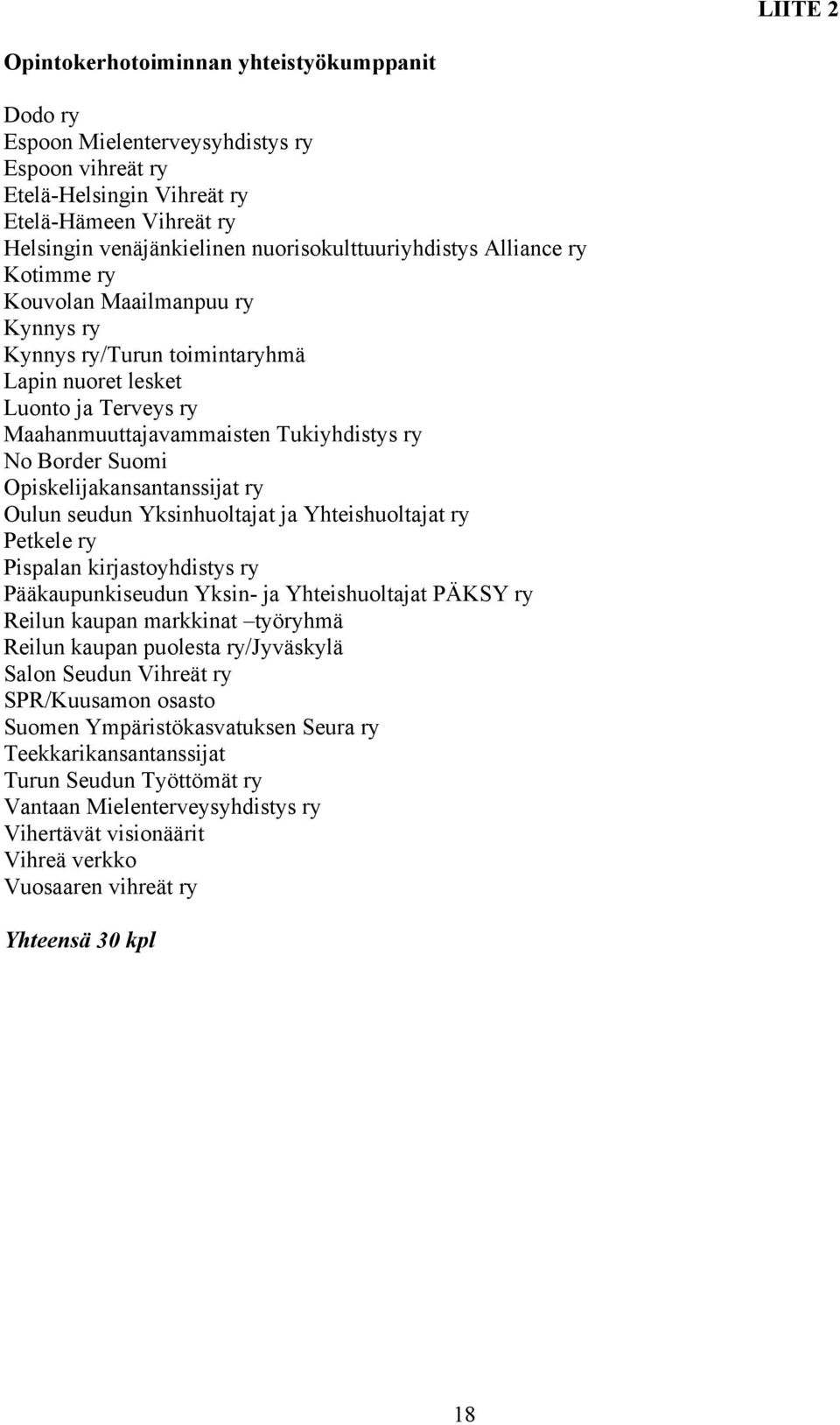 Border Suomi Opiskelijakansantanssijat ry Oulun seudun Yksinhuoltajat ja Yhteishuoltajat ry Petkele ry Pispalan kirjastoyhdistys ry Pääkaupunkiseudun Yksin- ja Yhteishuoltajat PÄKSY ry Reilun kaupan