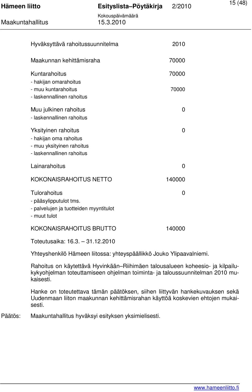 tms. - palvelujen ja tuotteiden myyntitulot - muut tulot KOKONAISRAHOITUS BRUTTO 140000 Toteutusaika: 16.3. 31.12.2010 Yhteyshenkilö Hämeen liitossa: yhteyspäällikkö Jouko Ylipaavalniemi.