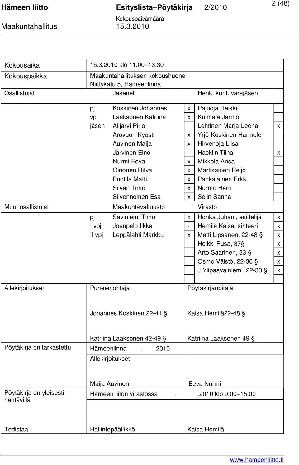 Liisa Järvinen Eino - Hacklin Tiina x Nurmi Eeva x Mikkola Ansa Oinonen Ritva x Martikainen Reijo Puotila Matti x Pänkäläinen Erkki Silván Timo x Nurmo Harri Silvennoinen Esa x Selin Sanna Muut