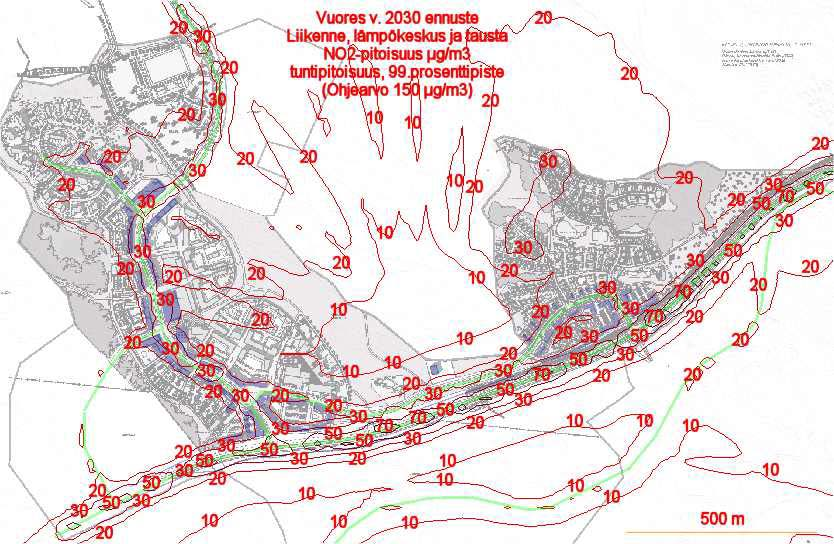LIITE 2 LIITE 2. Typpidioksidin leviäminen v. 2030 Vuores Kuva 1/Liite 2. Ilmanlaadun NO 2 :n tuntiohjearvoon (150 µg/m 3, 99.