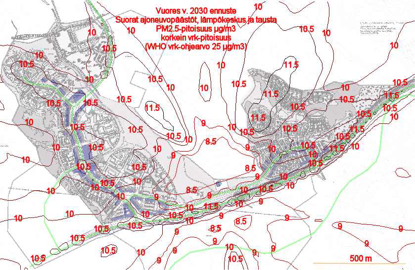 LIITE 3 LIITE 3. PM 2.5 hiukkaspäästöjen leviäminen v. 2030 Vuores Kuva 5/Liite 3. WHO:n ilmanlaadun PM2.