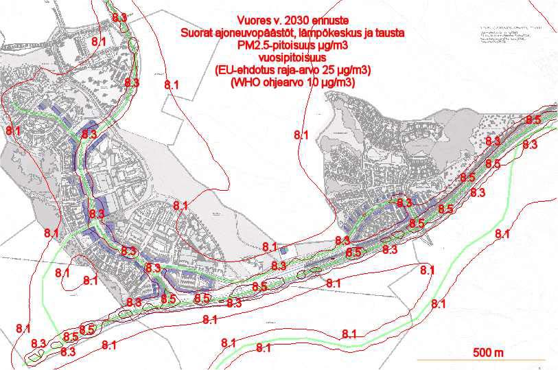 LIITE 3 Kuva 6/Liite 3. PM2.5-vuosipitoisuudet verrannolliset EU:n ehdotukseen ilmanlaadun PM2.