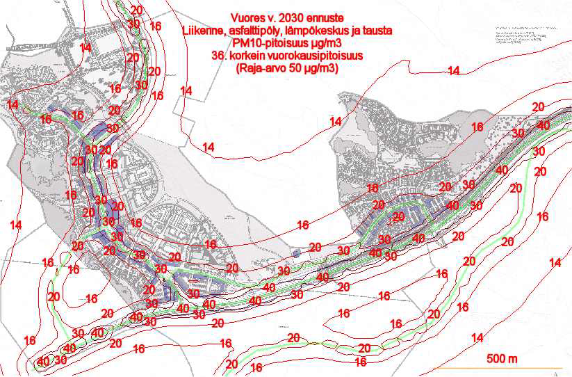 LIITE 4 Kuva 8/Liite 4. Ilmanlaadun PM10 vuorokauden raja-arvoon (50 µg/m 3, 36.korkein vrk) verrannolliset PM10-pitoisuudet (Tulevaisuus 2030+ v.