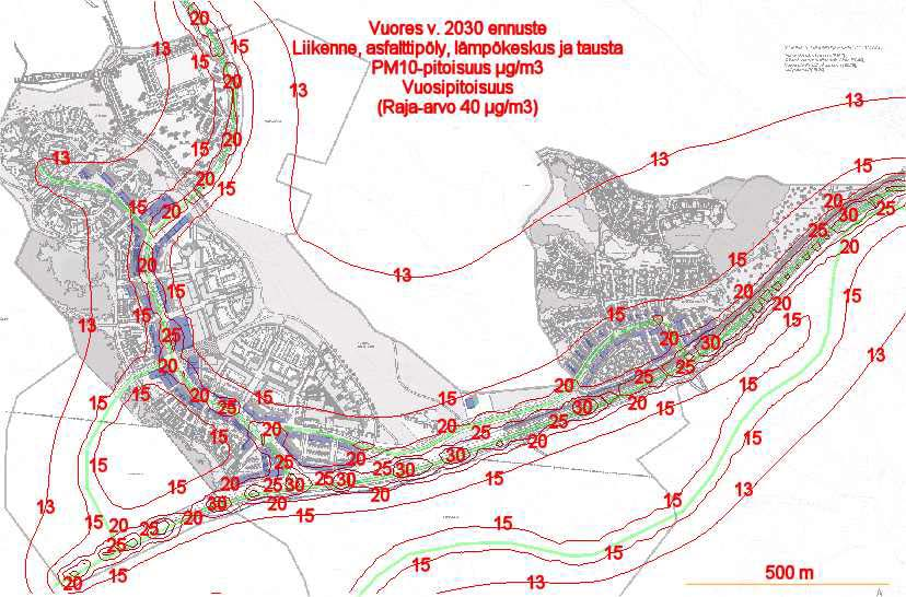 LIITE 4 Kuva 9/Liite 4. Ilmanlaadun PM10 vuosiraja-arvoon (40 µg/m 3 ) verrannolliset PM10-pitoisuudet (Tulevaisuus 2030+v.