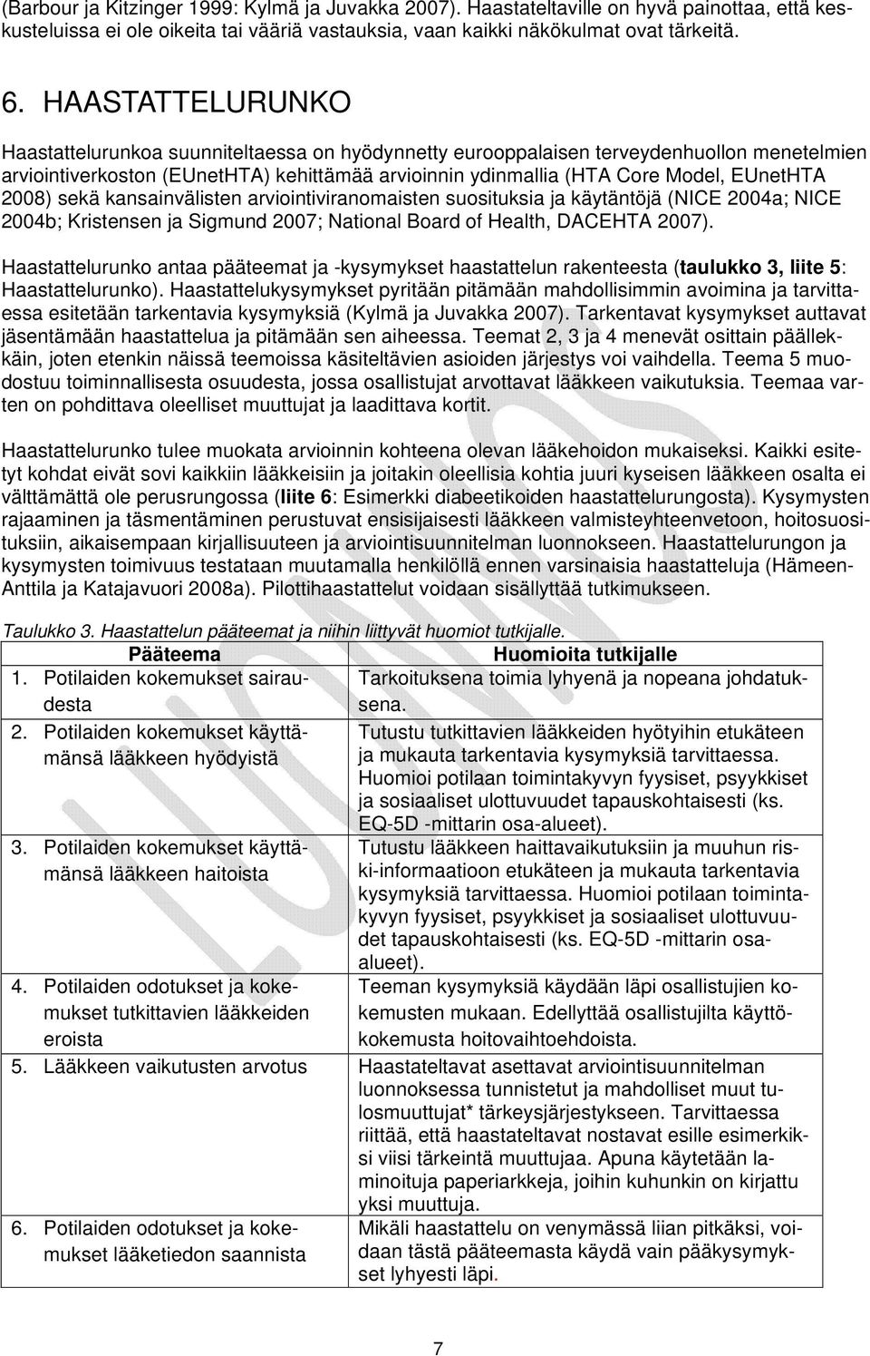 2008) sekä kansainvälisten arviointiviranomaisten suosituksia ja käytäntöjä (NICE 2004a; NICE 2004b; Kristensen ja Sigmund 2007; National Board of Health, DACEHTA 2007).