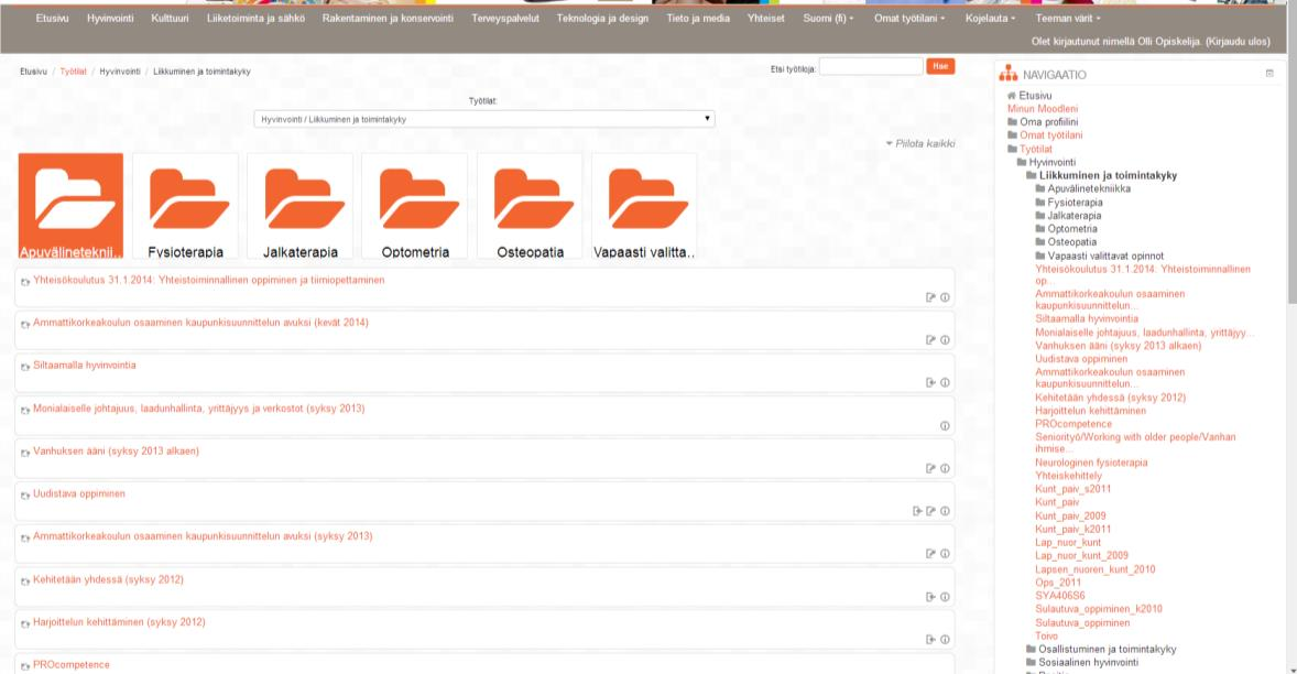 18 2.1 Opintojaksojen selailu Metropolian Moodlessa opintojaksojen työtilat ovat ryhmitelty kahdeksaan pääkategoriaan: hyvinvointi, kulttuuri, liiketoiminta ja sähkö, rakentaminen ja konservointi,