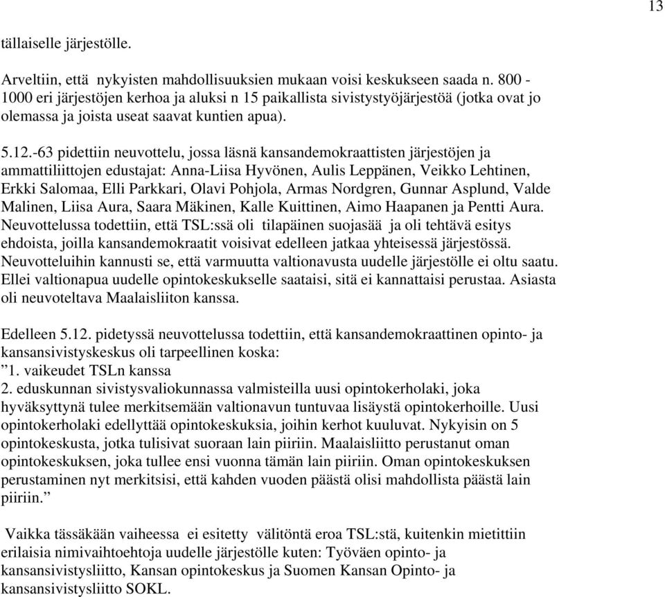 -63 pidettiin neuvottelu, jossa läsnä kansandemokraattisten järjestöjen ja ammattiliittojen edustajat: Anna-Liisa Hyvönen, Aulis Leppänen, Veikko Lehtinen, Erkki Salomaa, Elli Parkkari, Olavi